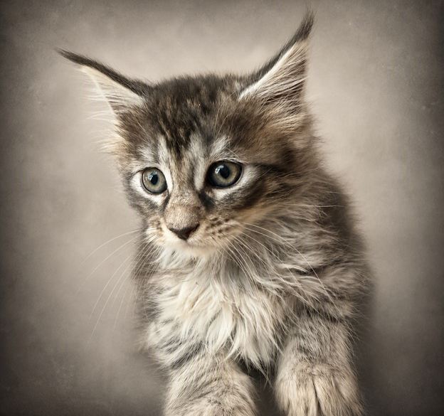 Maggie May, a small tabby kitten with large blue eyes facing the camera against a muted neutral background.