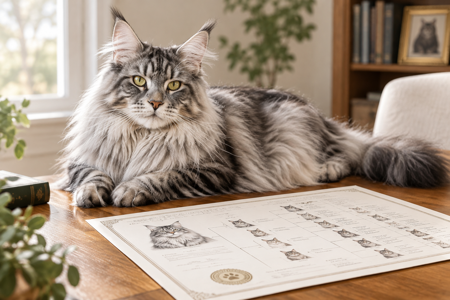 Majestic silver Maine Coon with lynx-tipped ears resting beside a printed pedigree chart in soft natural light