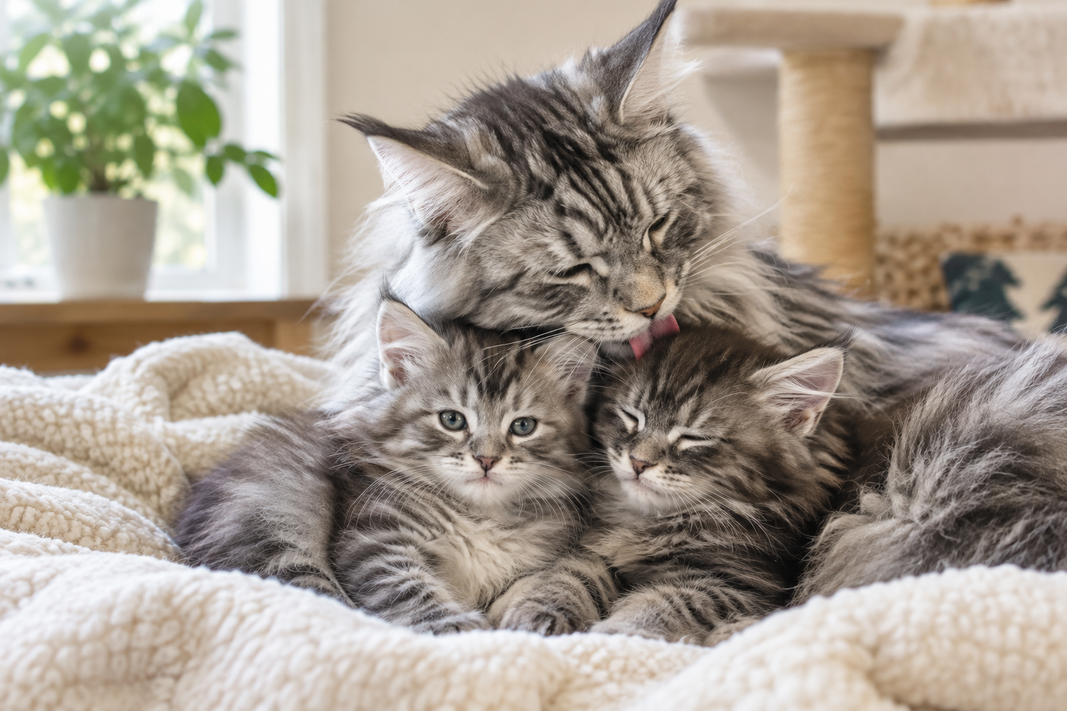 Large silver tabby Maine Coon queen gently grooming two fluffy kittens on a cotton throw