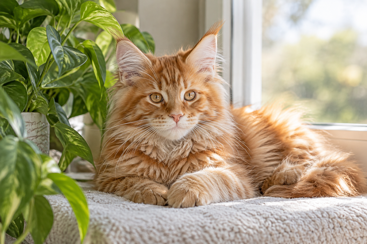 Red tabby Maine Coon kitten with bright amber eyes resting near a sunlit houseplant
