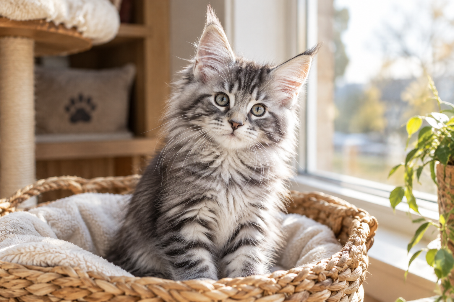 Blue-silver tabby Maine Coon kitten sitting in a woven basket with morning window light