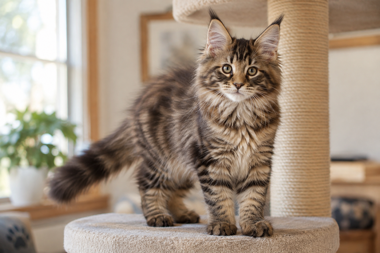 Brown classic tabby Maine Coon kitten standing proudly on a low cat tree in warm indoor light