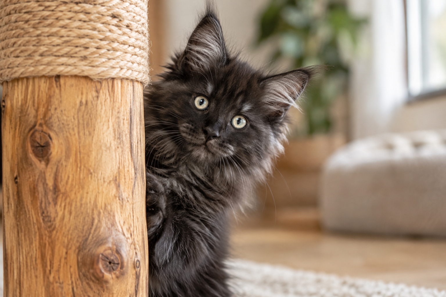 Black smoke Maine Coon kitten peeking from behind a wooden scratching post