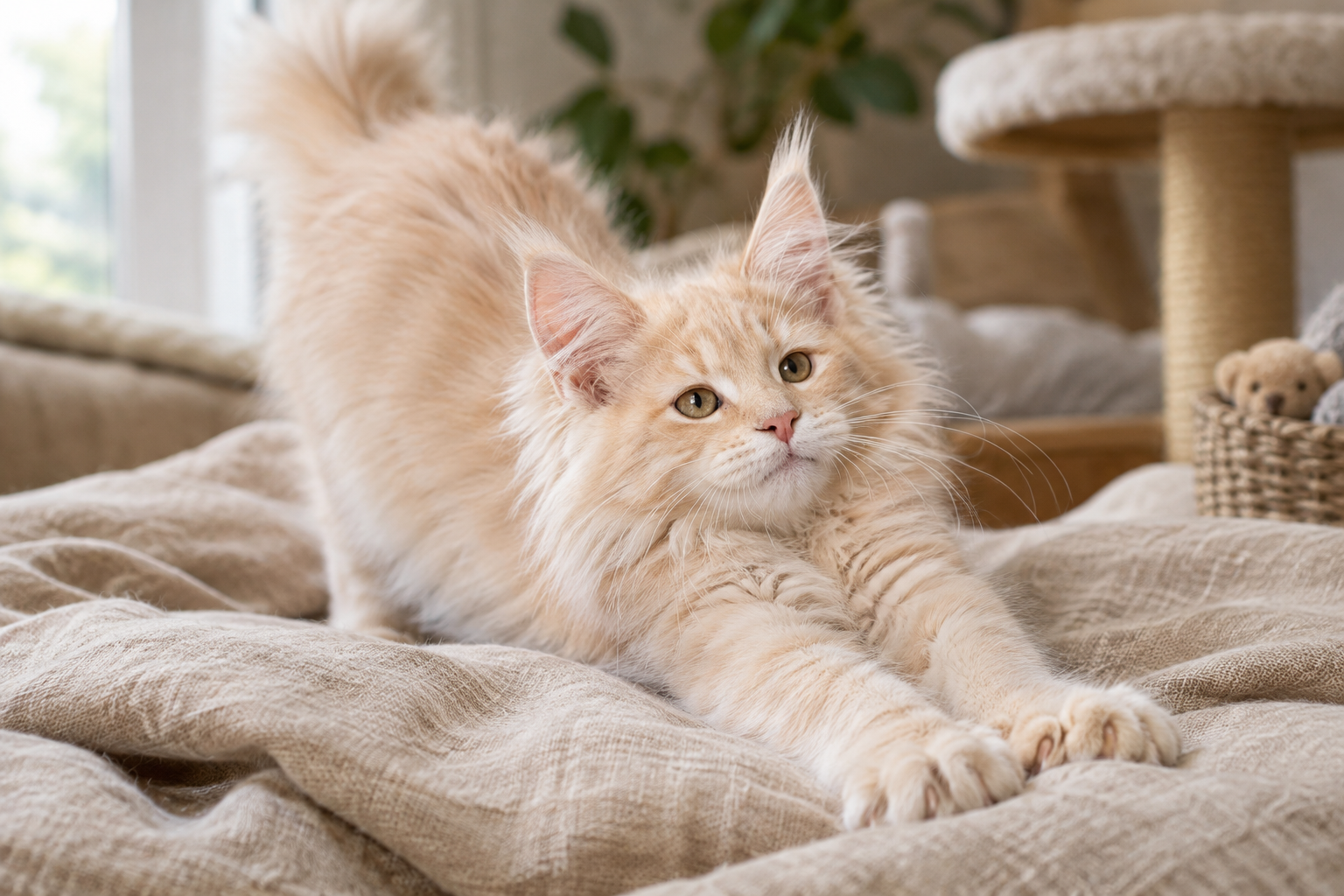 Cream Maine Coon kitten with tufted ears stretching on a soft linen blanket