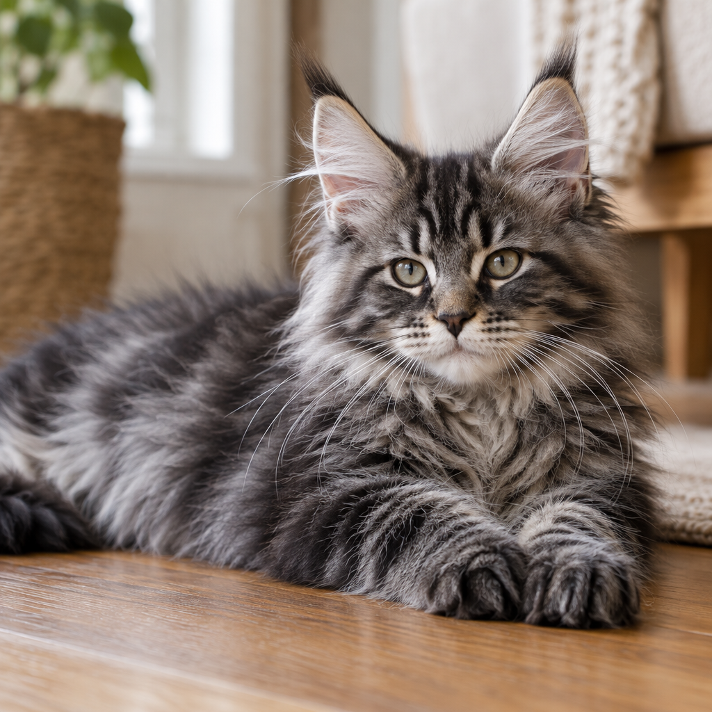 Black silver Maine Coon male kitten with long whiskers lounging on a wooden floor