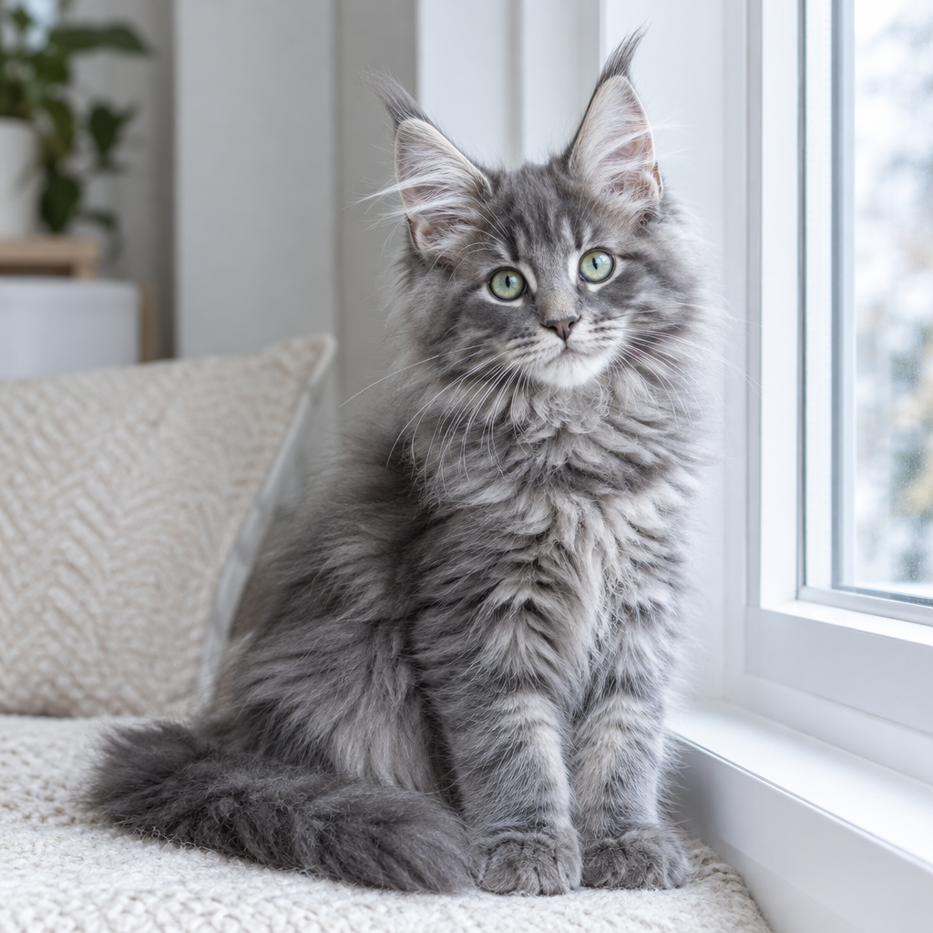 Blue smoke Maine Coon male kitten with bright eyes sitting upright near a window