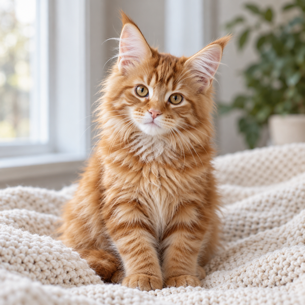 Red classic tabby Maine Coon female kitten looking toward camera on a cream blanket