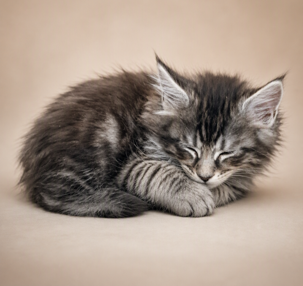 Ewan, a blue tabby Maine Coon kitten resting with eyes closed on a warm beige studio backdrop