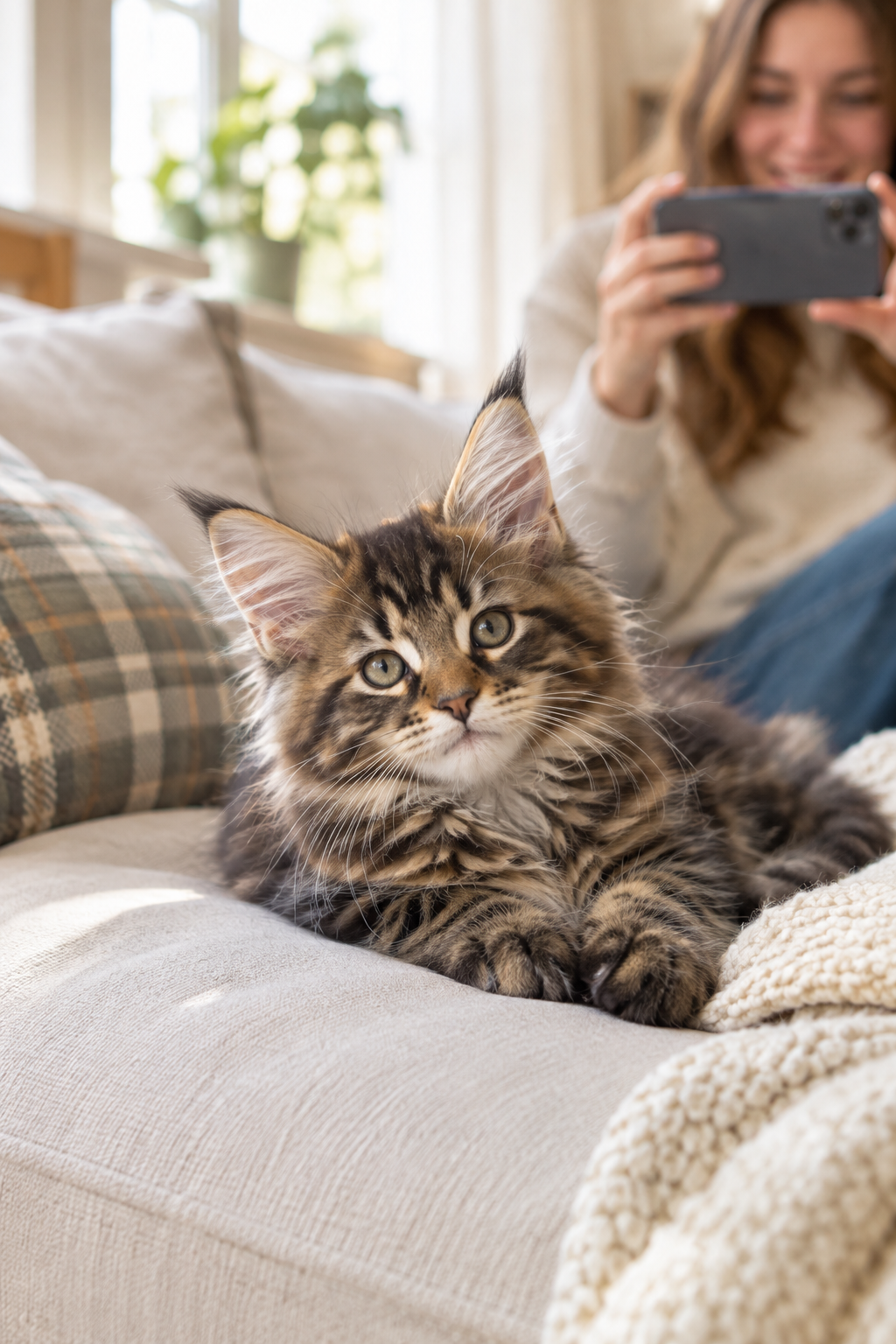 Warm in-home Maine Coon update moment with a fluffy kitten on a cozy sofa while a family member records a short video nearby