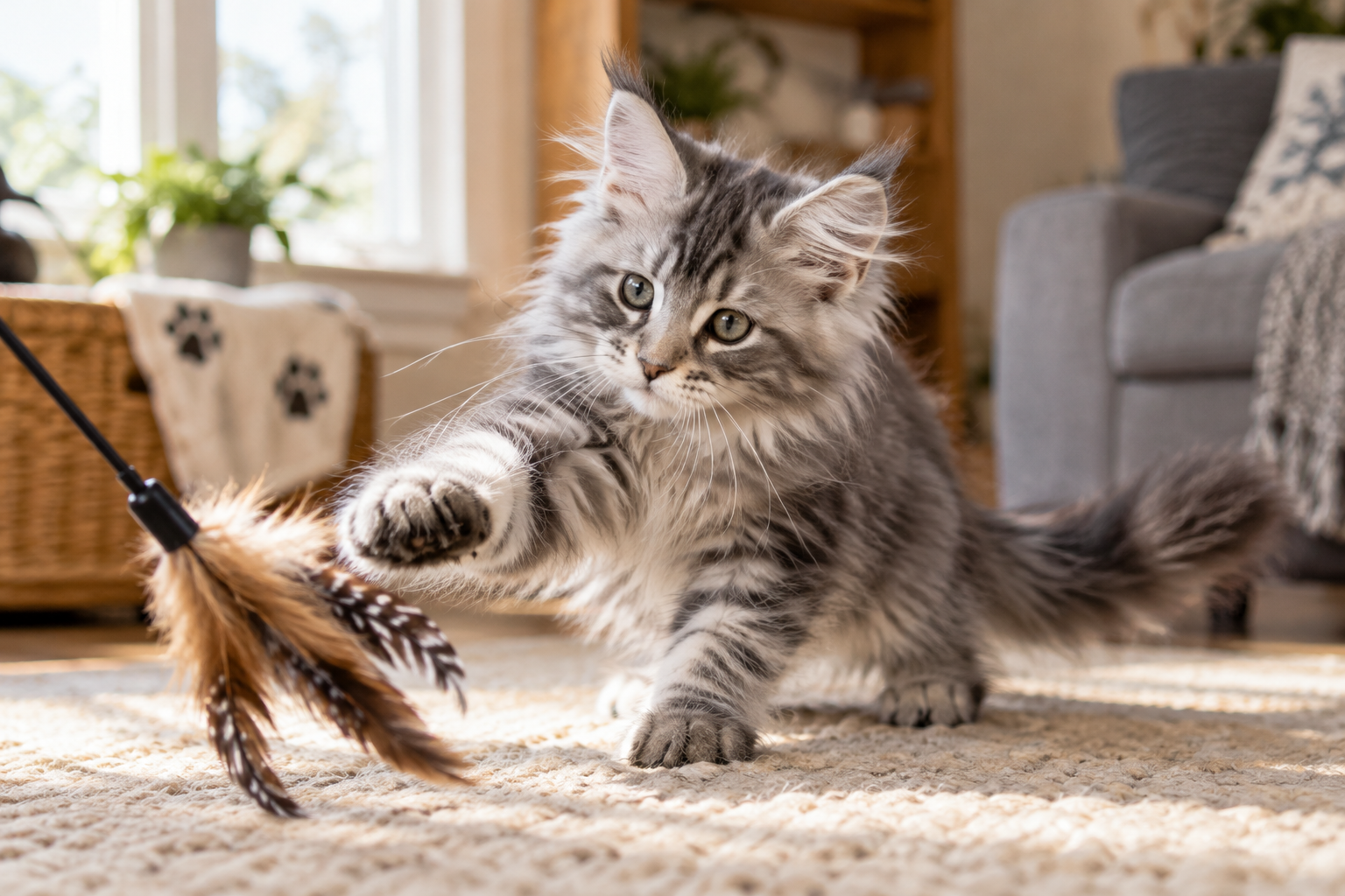 Fluffy silver tabby Maine Coon kitten playing with a feather wand on a cream rug in a cozy living room