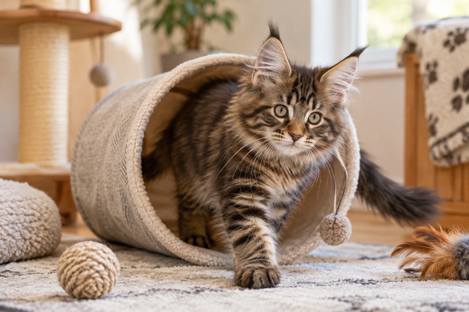 Brown tabby Maine Coon kitten with tufted ears stepping across a small cat tunnel in a tidy indoor play area