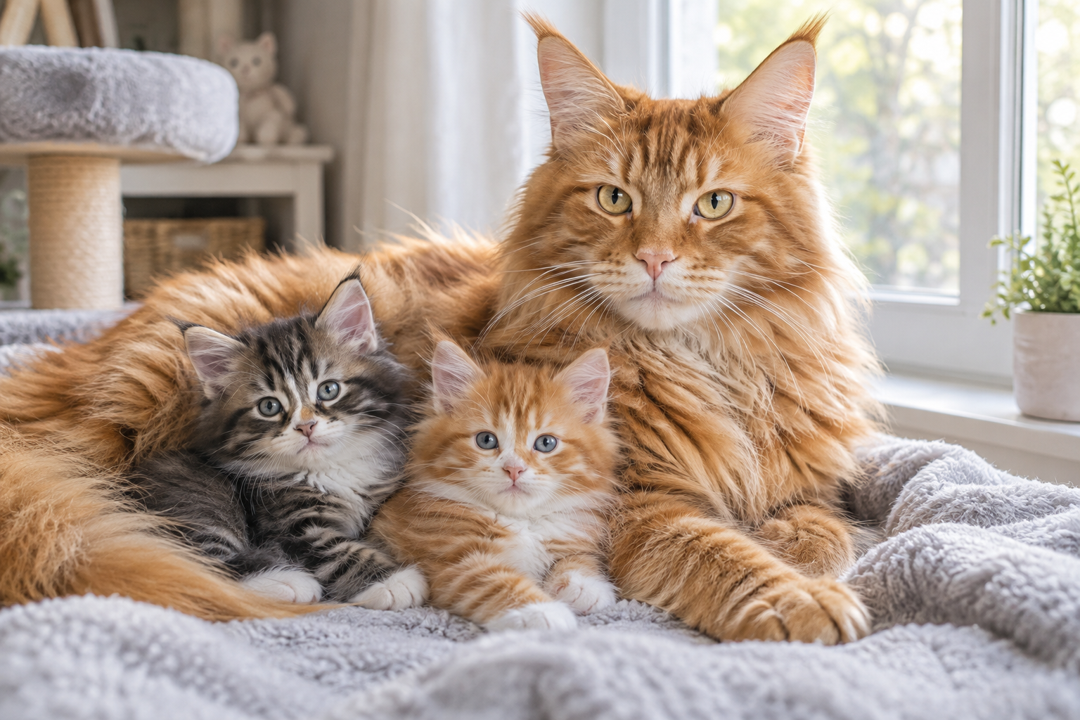 Large red Maine Coon mother cat resting with two kittens on a soft gray blanket near a bright window