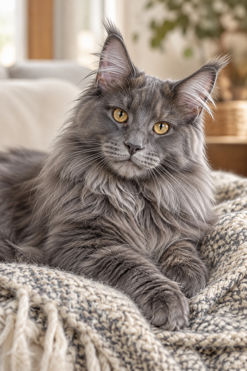 Blue smoke Maine Coon female with amber eyes resting on a woven wool blanket in a warm indoor portrait setting
