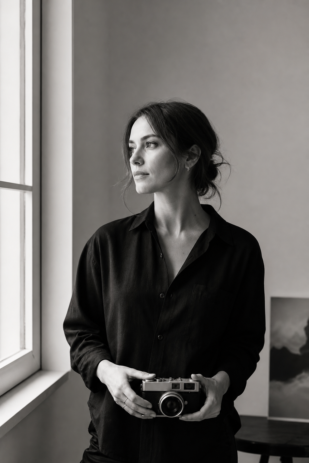 Iryna Kovalenko in natural window light beside a plain studio wall, holding a film camera with a calm, observant expression