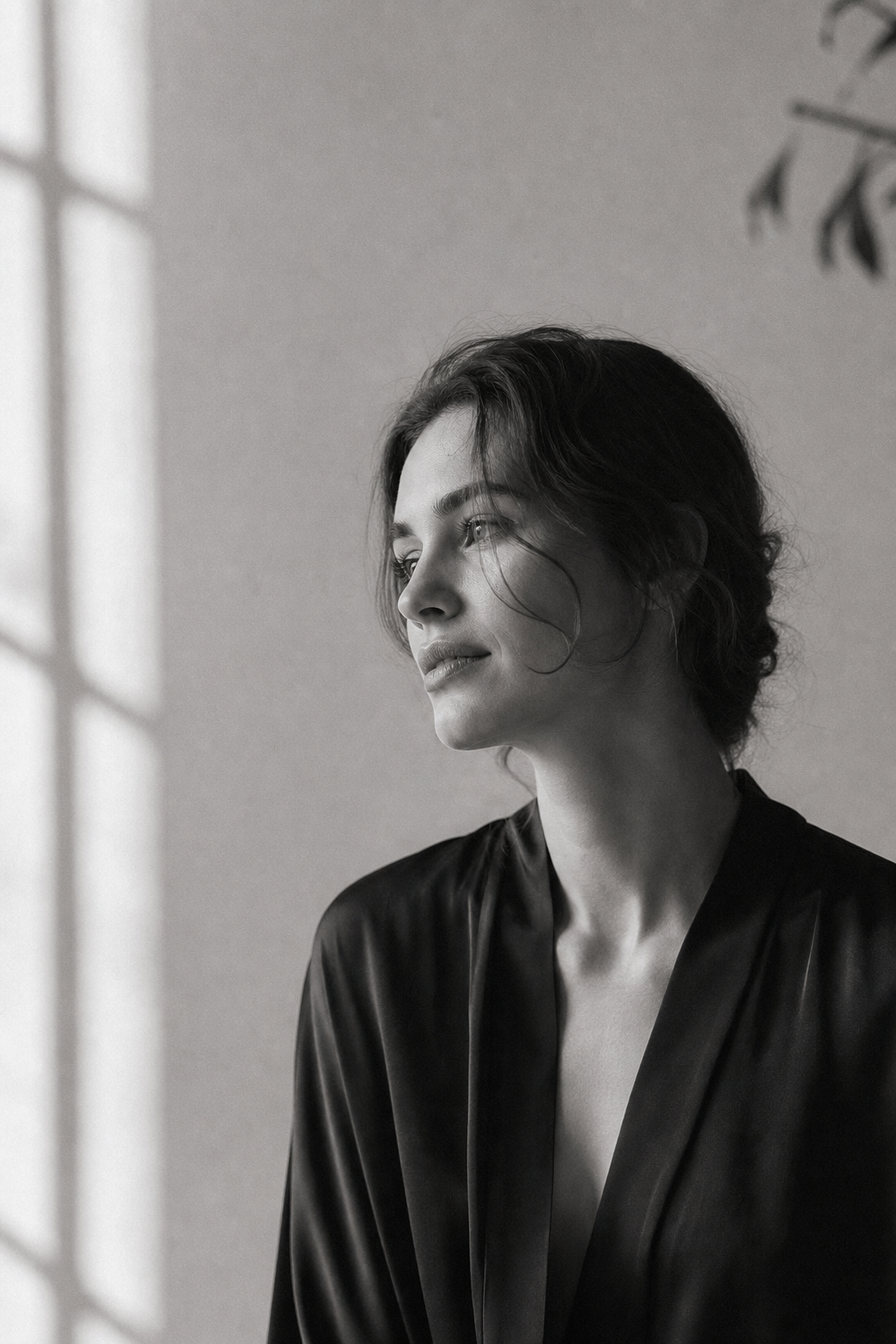 Atmospheric vertical portrait photograph with soft natural window light, gentle filmic grain, and an editorial mood