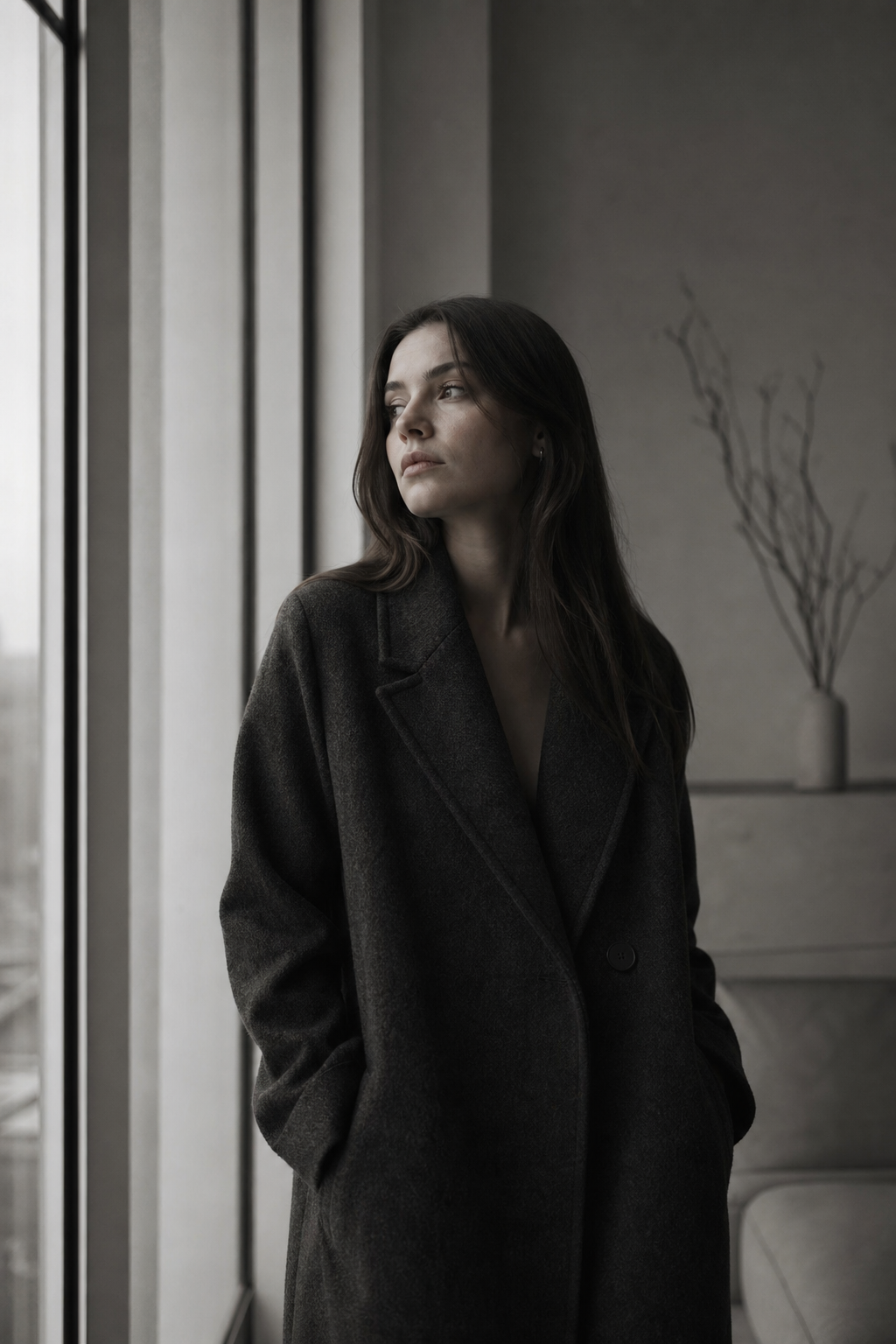 Lead portrait of a woman standing by a window in soft natural light, wearing a charcoal wool coat, with muted tones and shallow depth of field