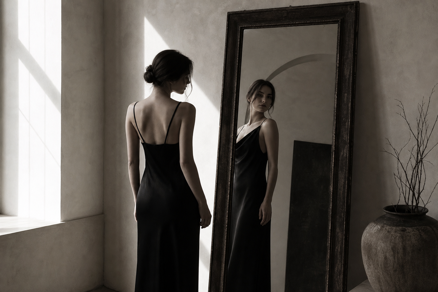 Editorial composition with a model reflected in a tall mirror, pale wall tones, black silk clothing, and controlled highlights