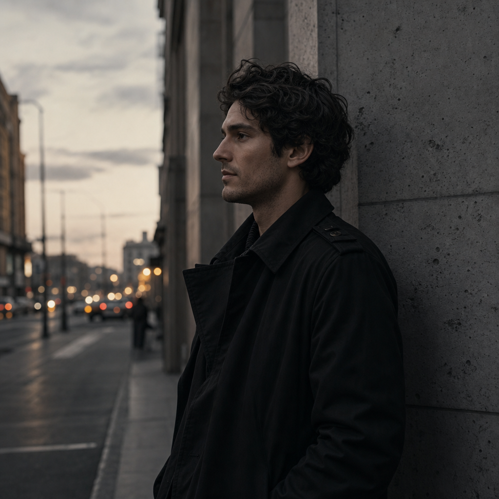 Outdoor profile portrait on a quiet Kyiv street at dusk, cool ambient light, concrete textures, and soft motion blur in the background