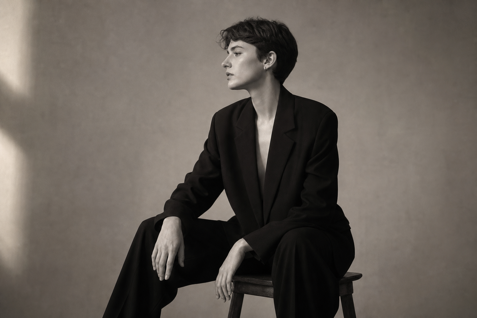Editorial frame of a seated subject in a minimalist studio, warm gray backdrop, tailored black outfit, and directional side light