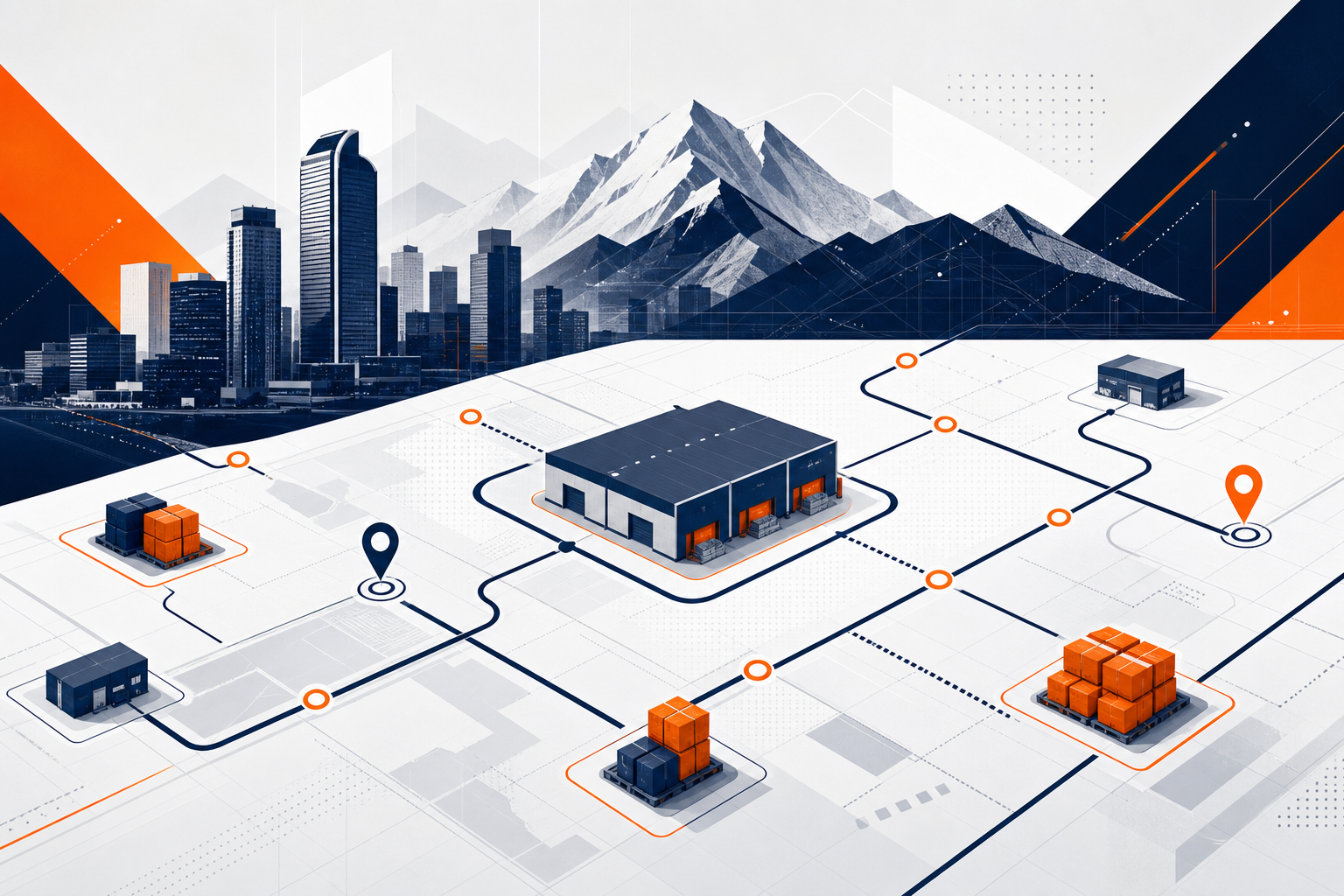 Abstract logistics operations panel with route paths, warehouse flow nodes, and mountain-skyline geometry
