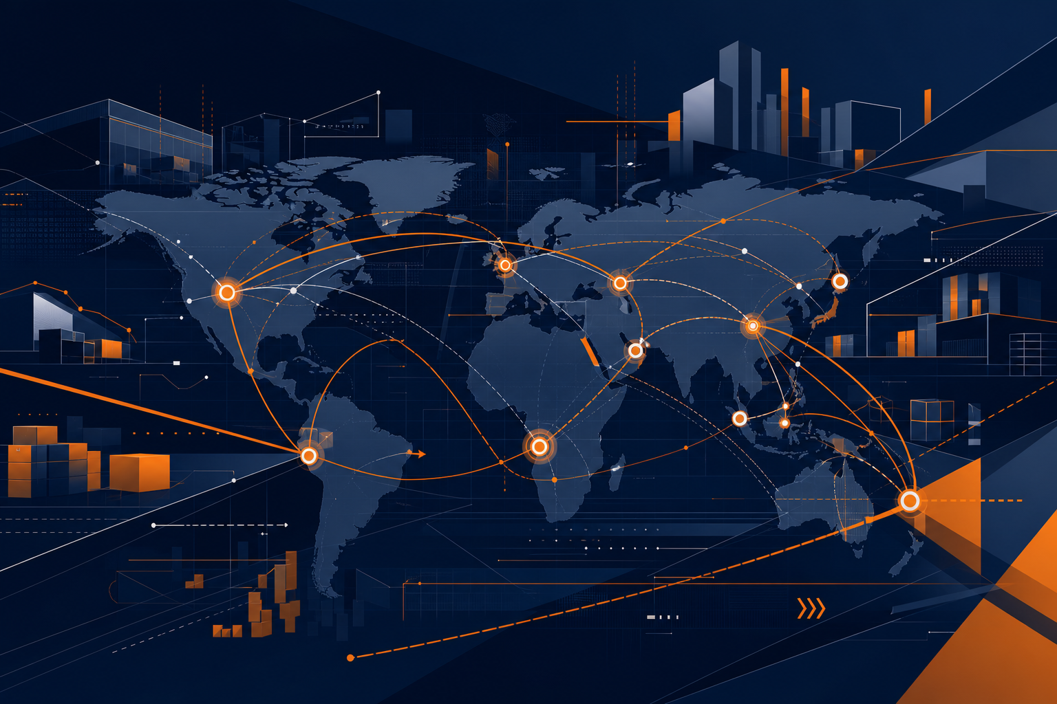 Abstract international logistics route-map illustration with angular skyline forms, parcel-flow paths, and cross-border network lines