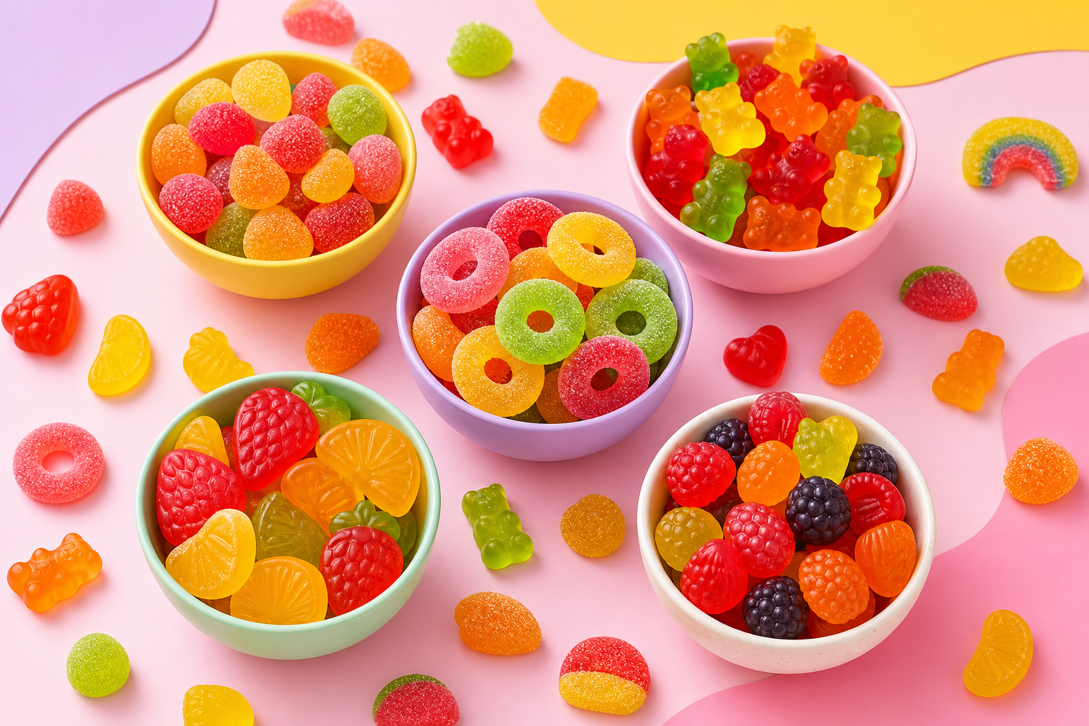 Large hero display of colorful mixed gummies in bowls with scattered chewy candy shapes