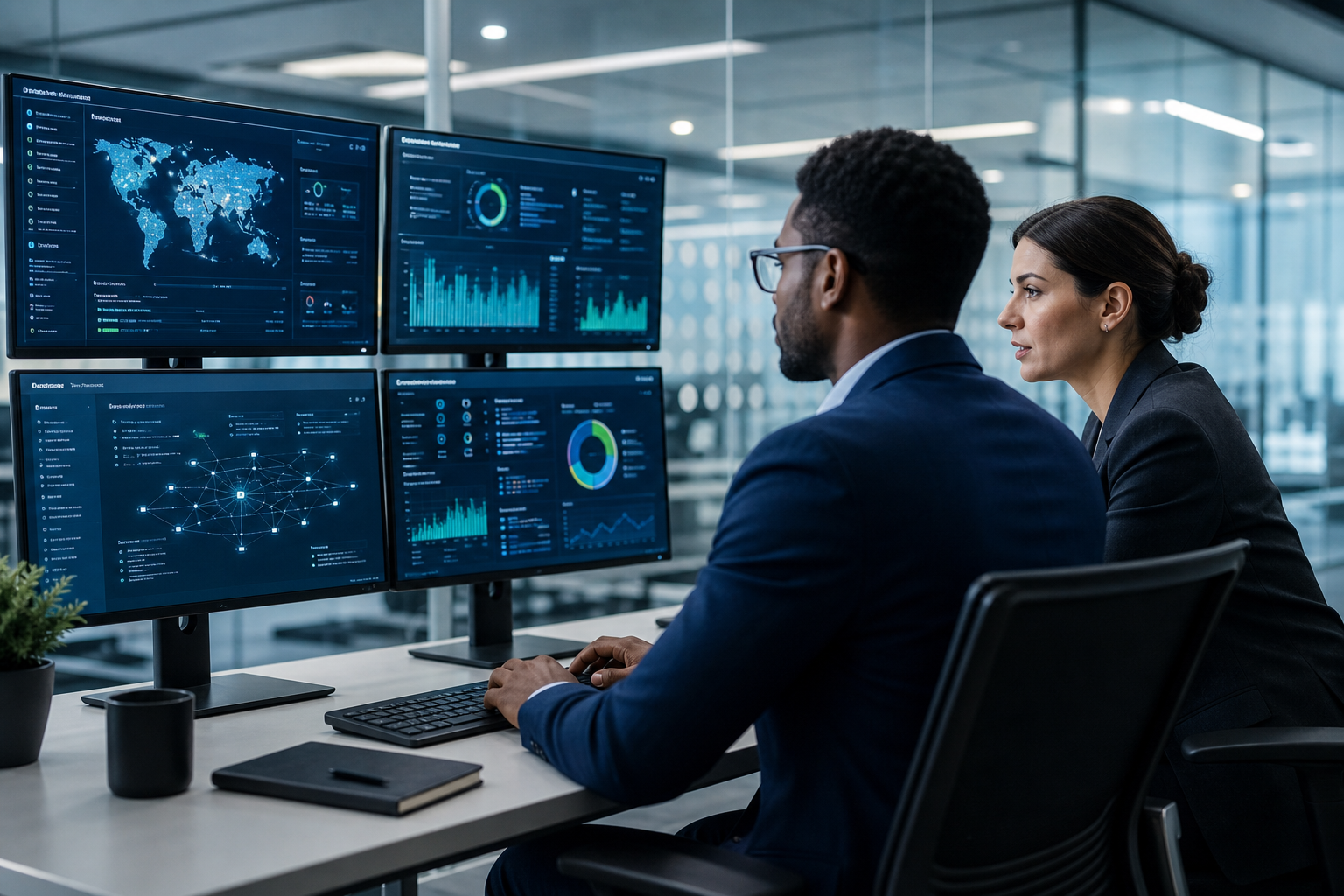 Professional IT operations team reviewing cybersecurity dashboards in a modern office