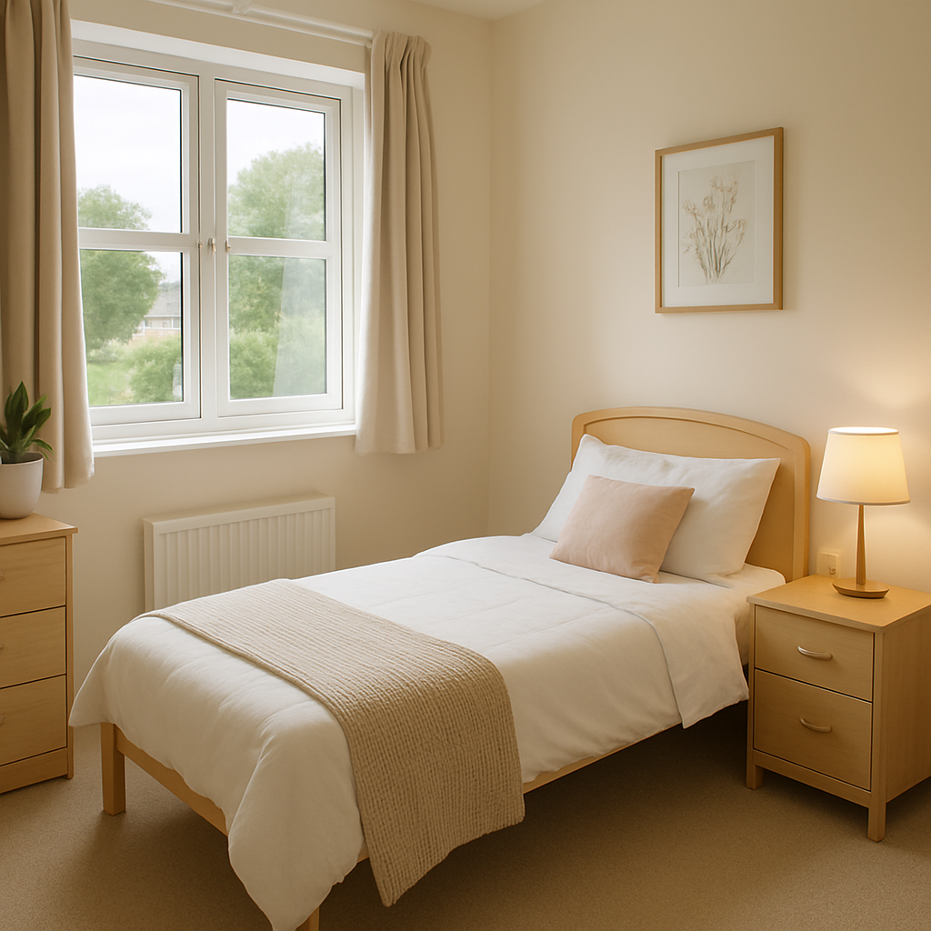 Bright, tidy bedroom with cozy bed, soft lighting, and window view