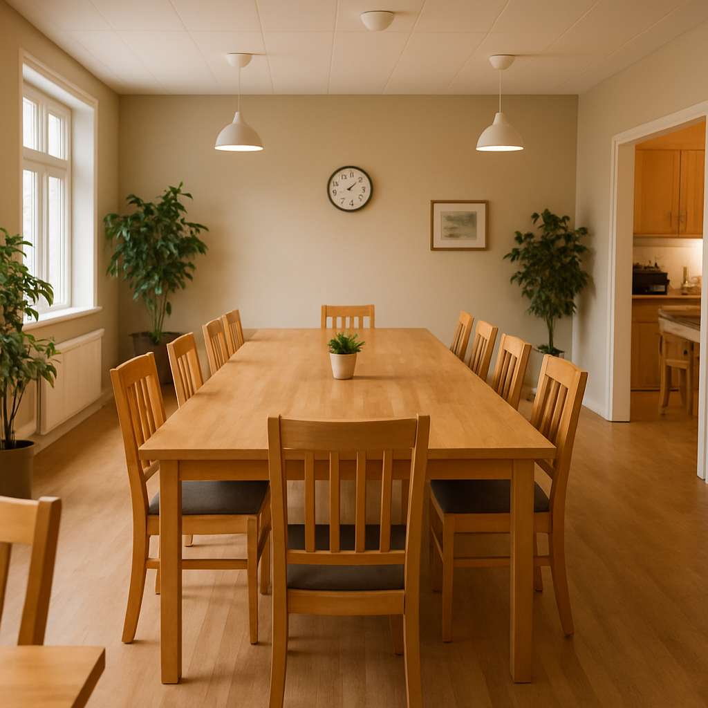 Welcoming shared dining area with large table, chairs, and inviting atmosphere