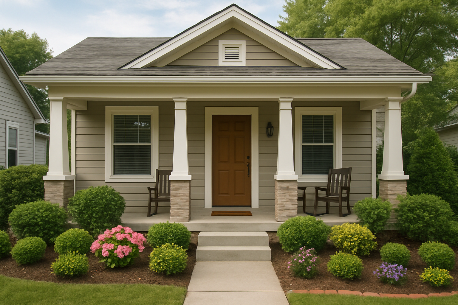 Front view of Aguise Supportive Living house, with a welcoming porch and well-kept garden.