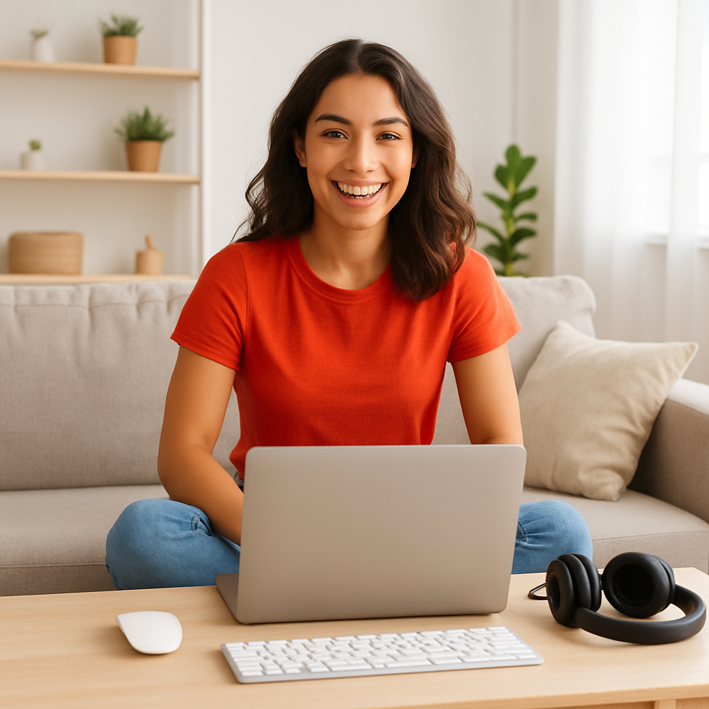 Young woman sitting confidently with a laptop and computer accessories