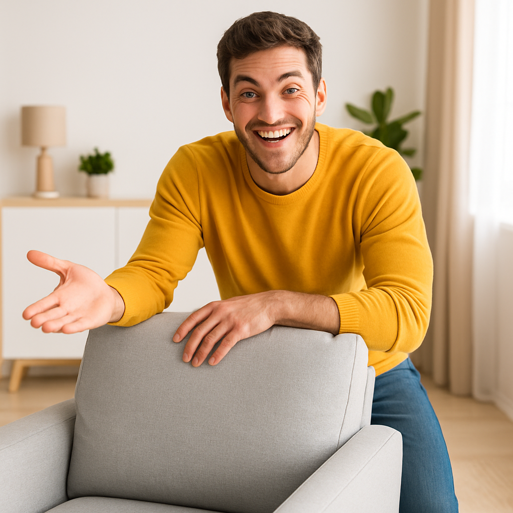 Young man cheerfully leaning on a modern armchair, showing off home furniture for sale