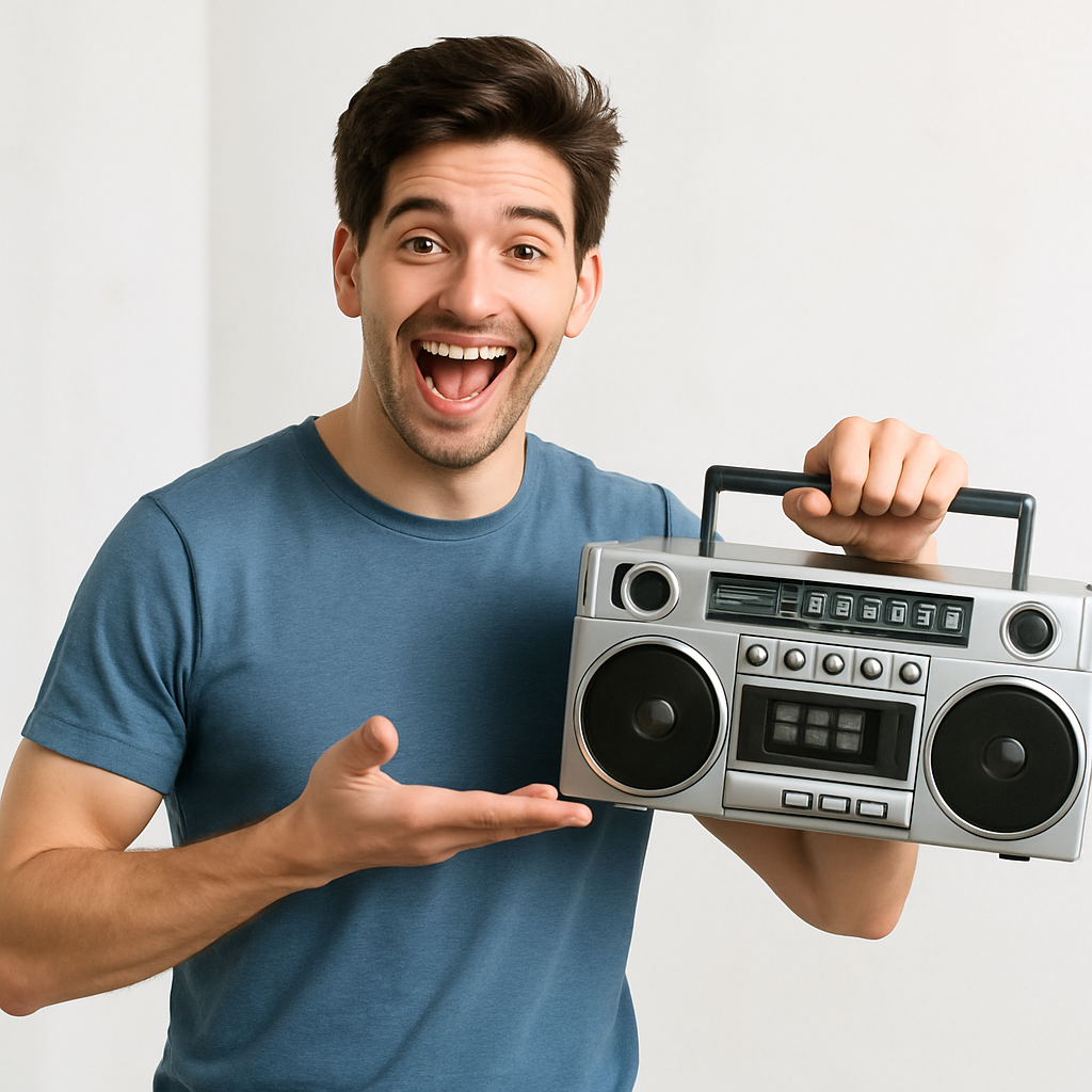 Young man enthusiastically presenting a portable stereo system