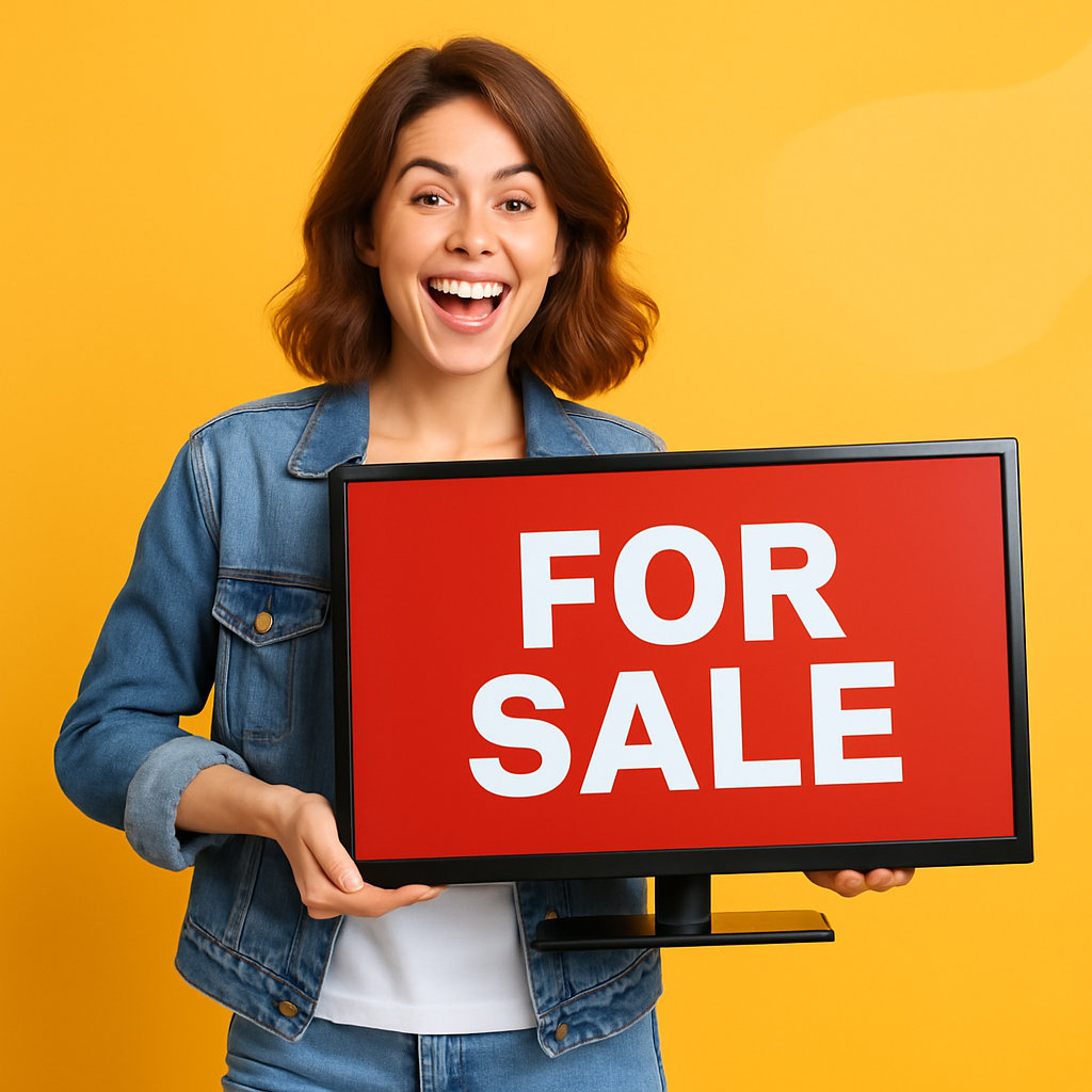 Young woman smiling while holding a flat-screen TV for sale