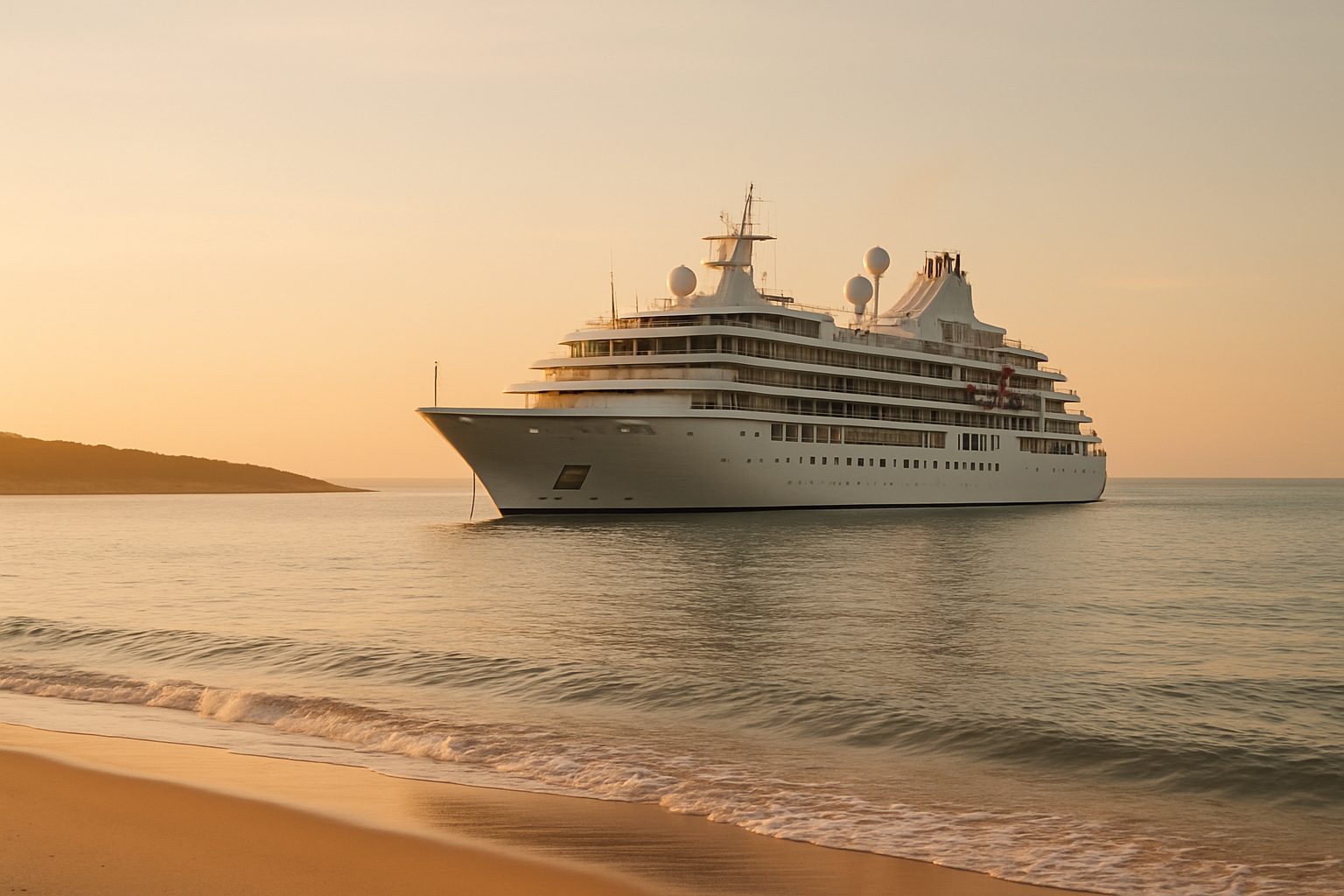 Boutique midsized cruise ship anchored near a sunlit Atlantic shoreline with warm golden light and a refined coastal atmosphere