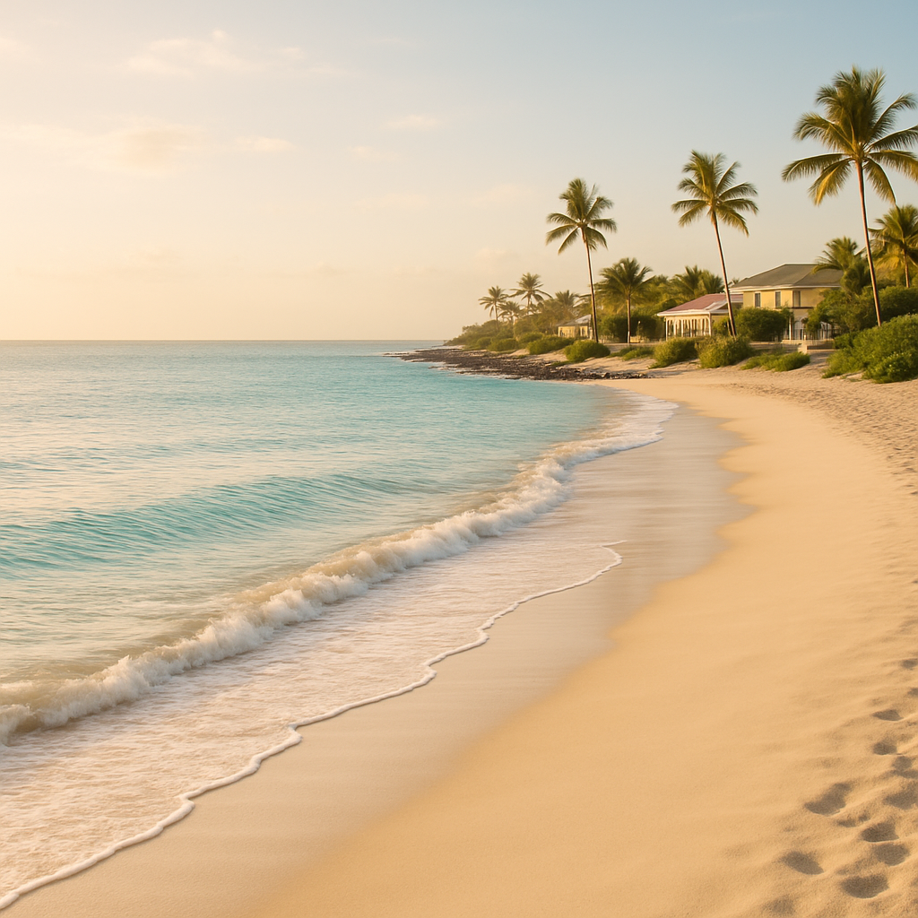 Elegant coastal yacht anchored near a sunlit Atlantic shoreline with warm golden light and a serene luxury vacation atmosphere