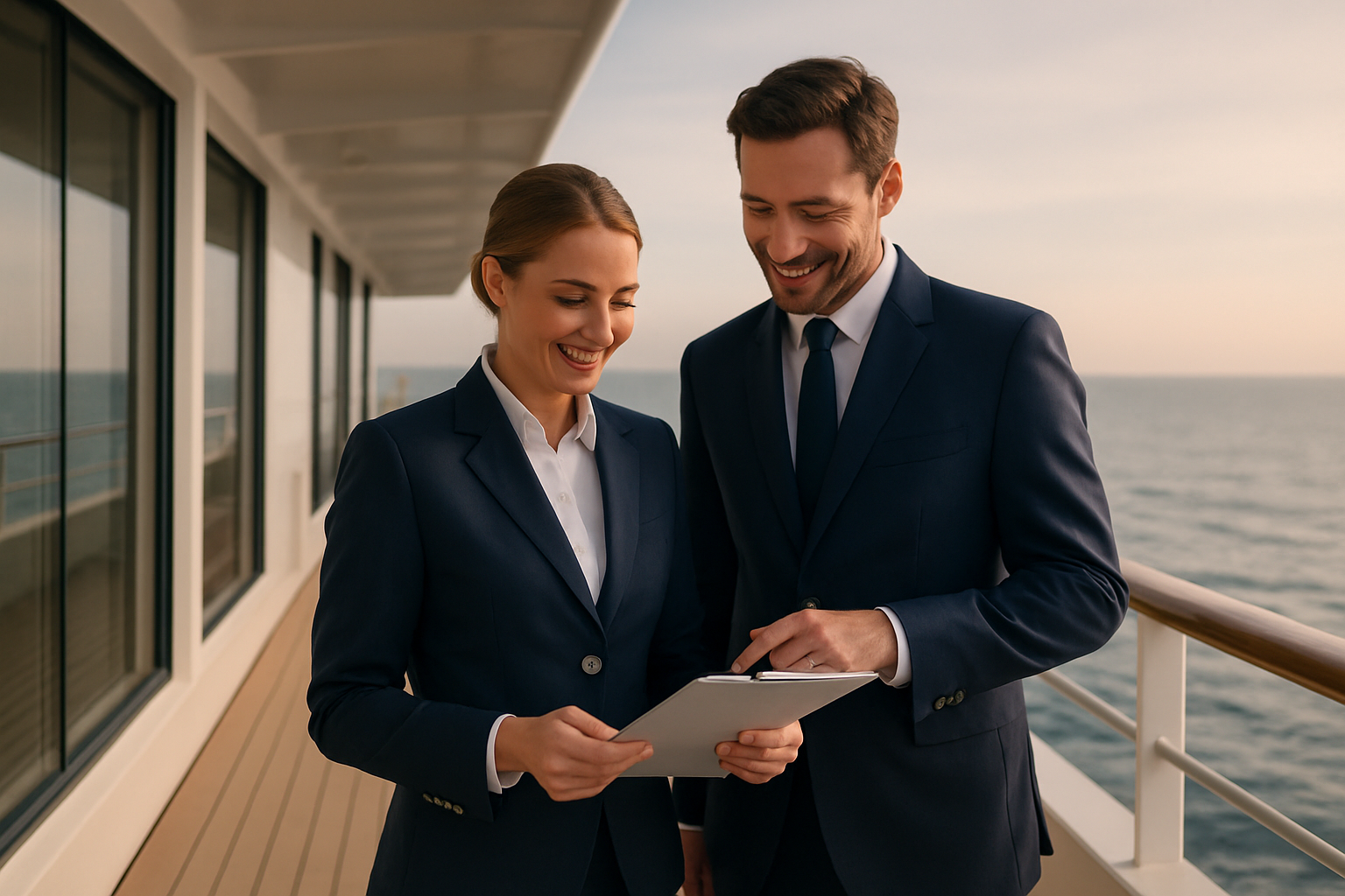 Polished cruise hospitality team in tailored uniforms reviewing guest arrangements on a modern ship deck with warm natural light and ocean backdrop