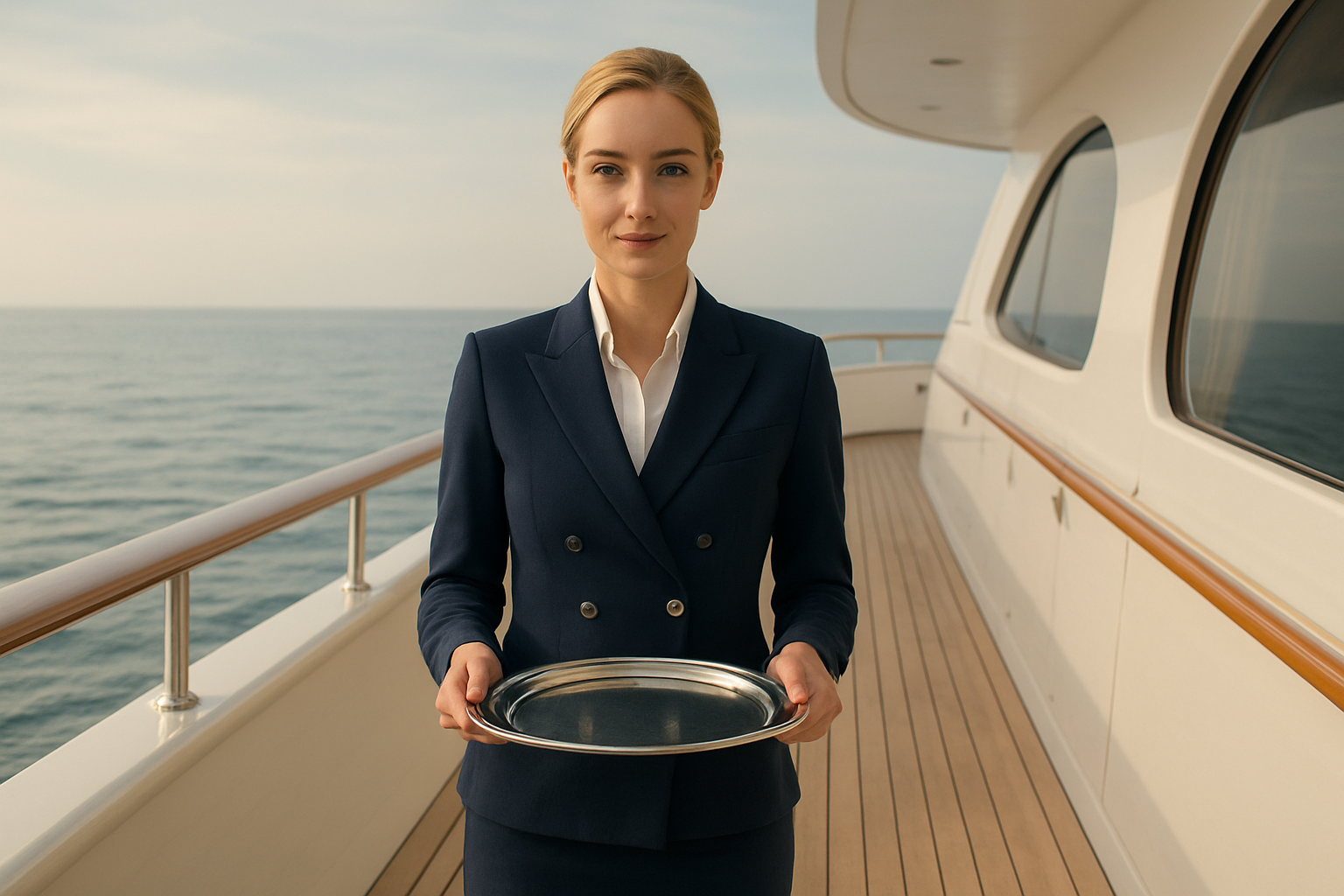 Refined yacht hospitality crew member in tailored navy uniform presenting a silver tray on a bright luxury vessel deck, with soft ocean light and polished teak surroundings.