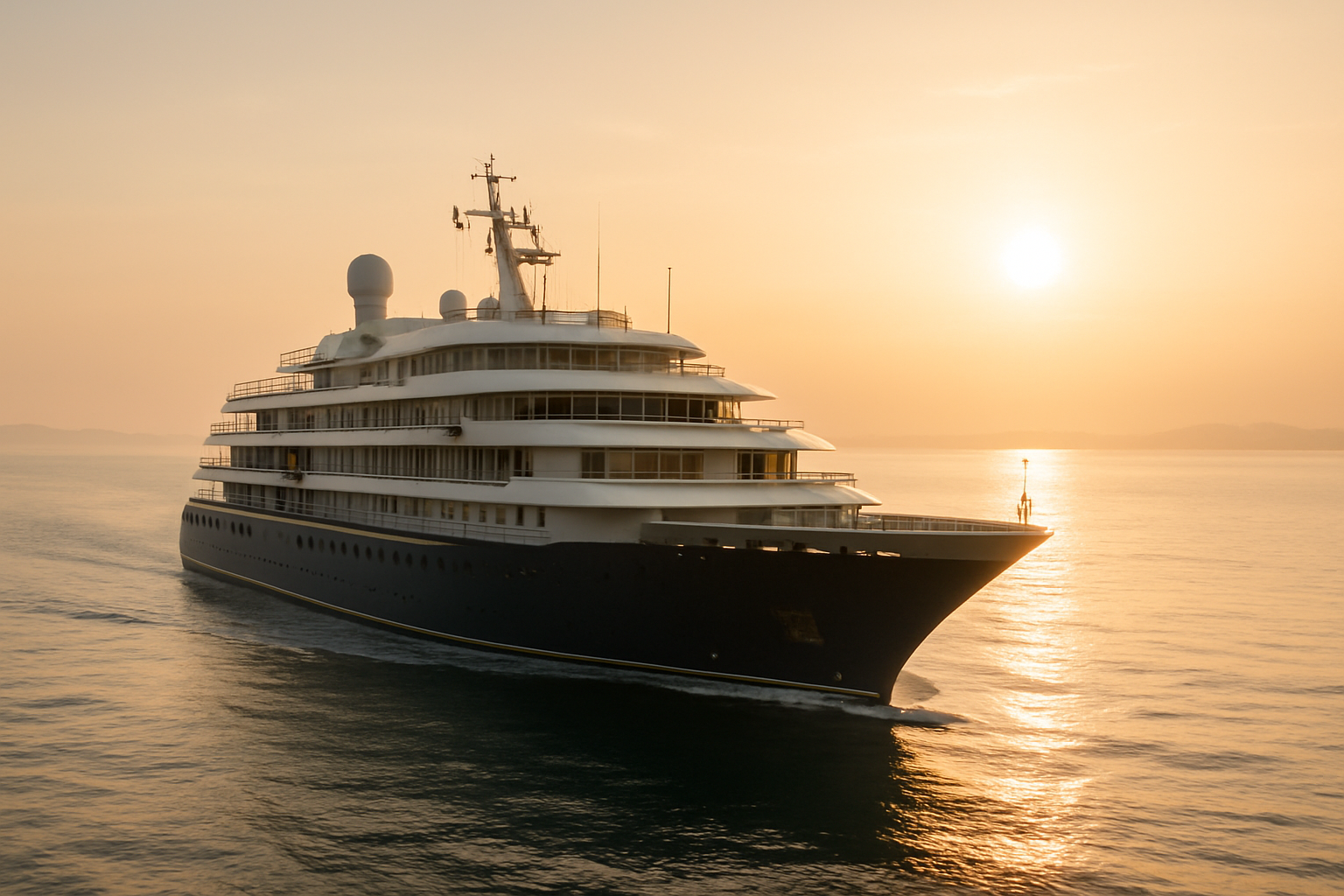 Boutique midsized cruise ship gliding on calm Atlantic waters at golden hour with polished decks and elegant silhouettes