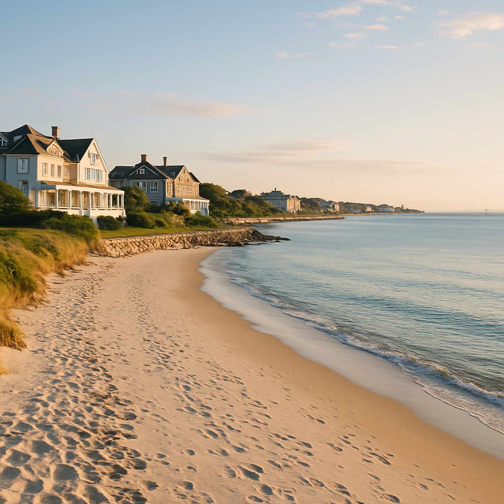 Boutique midsized cruise ship gliding on calm Atlantic waters at golden hour with polished decks and elegant silhouettes
