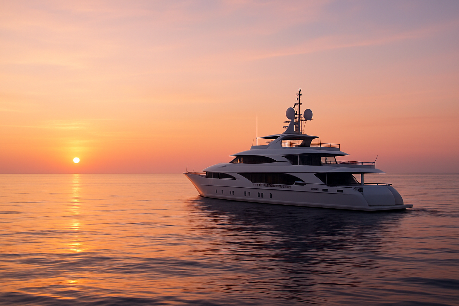 Luxury yacht cruising on a calm Atlantic sea at sunset with warm golden light and soft pastel sky