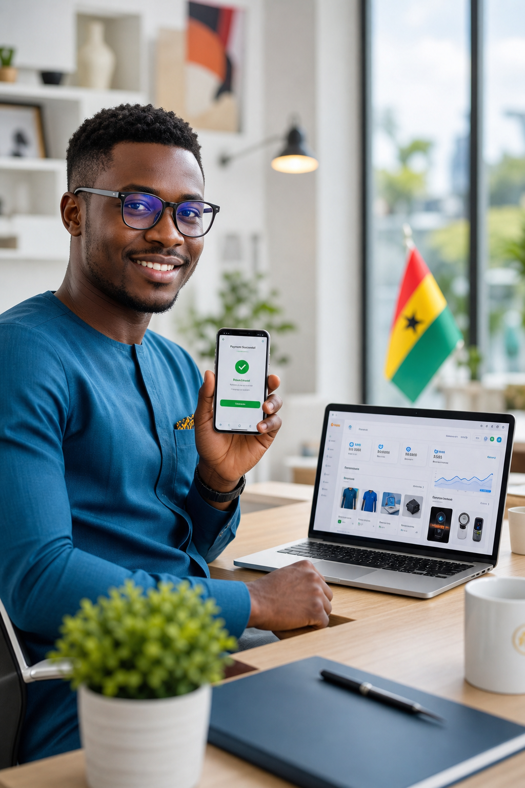 Young Ghanaian entrepreneur at a modern desk using a smartphone for mobile payments while reviewing online store performance on a laptop in a bright office