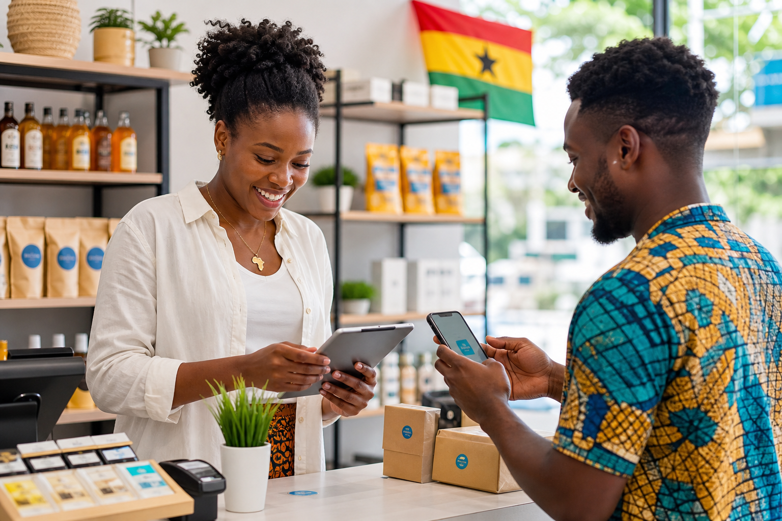 Young Ghanaian entrepreneur reviewing online orders on a tablet while a customer pays with mobile money in a bright modern shop