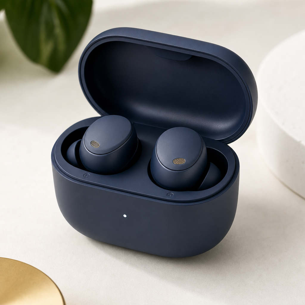 Matte navy wireless earbuds in a compact charging case