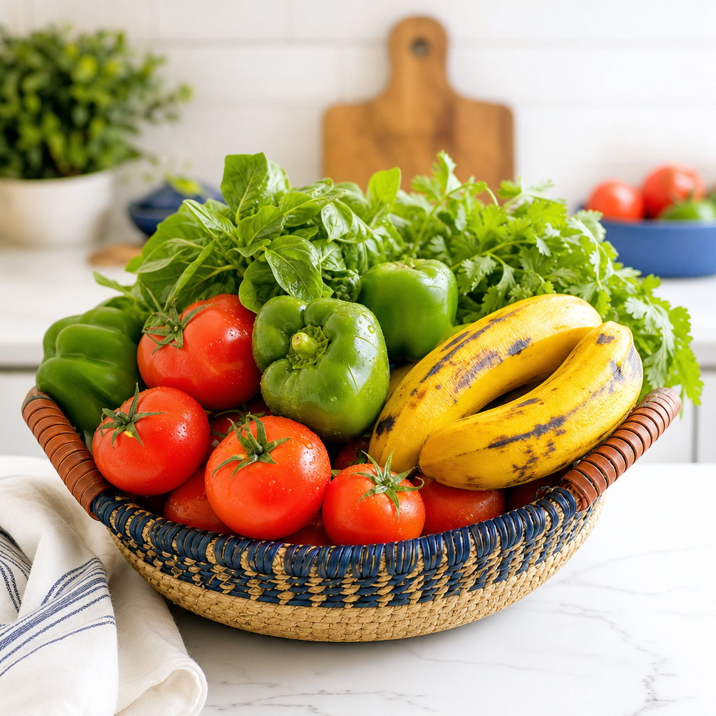 Fresh grocery basket with tomatoes, plantain, and peppers