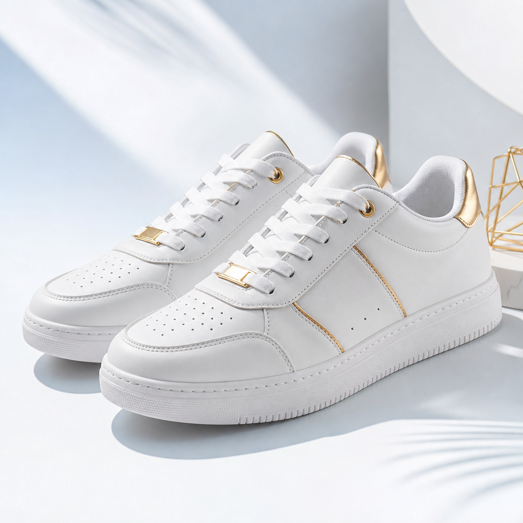 White and gold lifestyle sneakers displayed at an angle