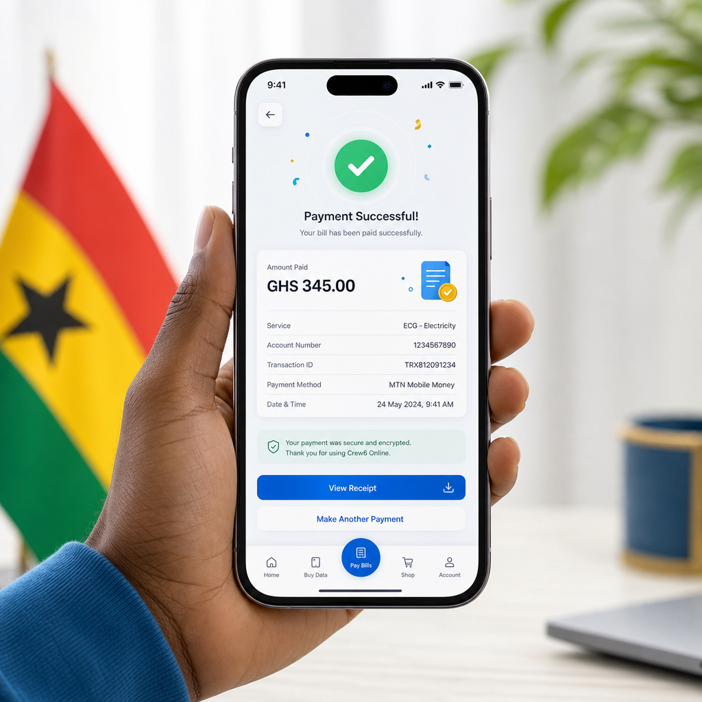 Smartphone utility payment confirmation screen with Ghana cedi amount