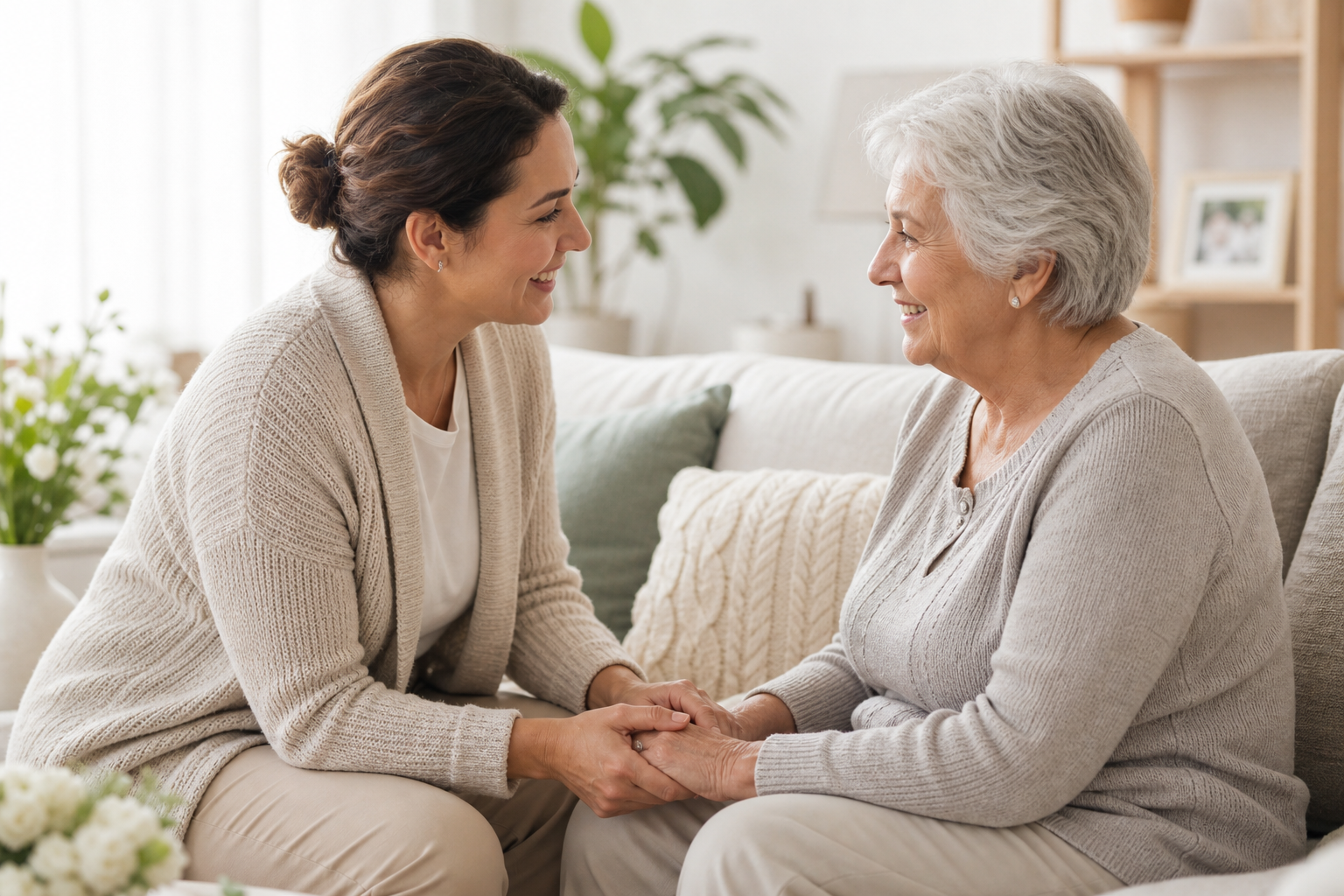 Caregiver gently holding an older woman’s hands in a bright living room