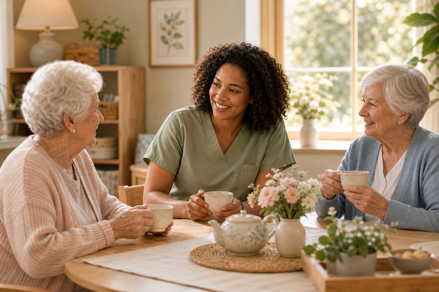 Older adults and a caregiver sharing tea at a bright community table with soft flowers and warm sunlight