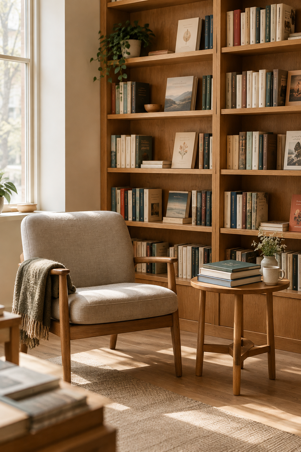 Quiet independent bookshop corner with oak shelves, stacked books, and a reading chair